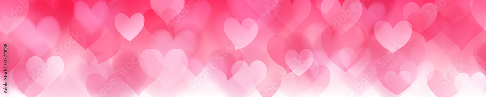 Banner of translucent blurry hearts with seamless horizontal repetition in pink colors. Illustration on Valentine's day