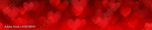 Banner of translucent blurry hearts with seamless horizontal repetition in red colors. Illustration on Valentine's day
