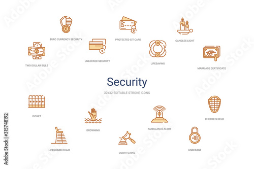 security concept 14 colorful outline icons. 2 color blue stroke icons
