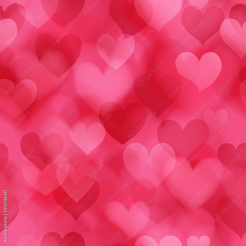 Seamless pattern of translucent blurry hearts in pink colors. Illustration on Valentine's day