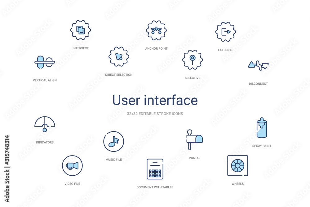 user interface concept 14 colorful outline icons. 2 color blue stroke icons user interface concept 14 colorful outline icons. 2 color blue stroke icons