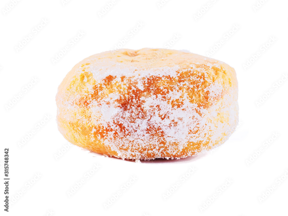 One doughnut on a white background, isolated, Bakery product. Side view. One doughnut on a white background, isolated, Bakery product. Side view.