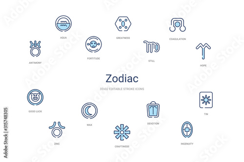 zodiac concept 14 colorful outline icons. 2 color blue stroke icons