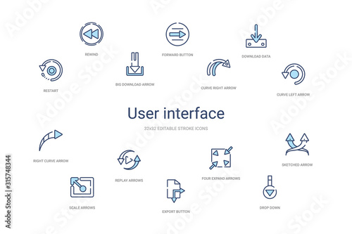 user interface concept 14 colorful outline icons. 2 color blue stroke icons
