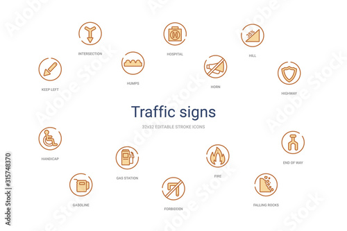 traffic signs concept 14 colorful outline icons. 2 color blue stroke icons