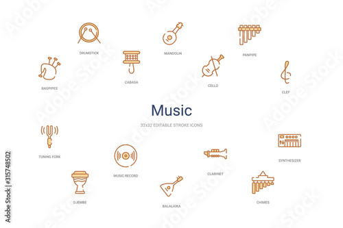 music concept 14 colorful outline icons. 2 color blue stroke icons