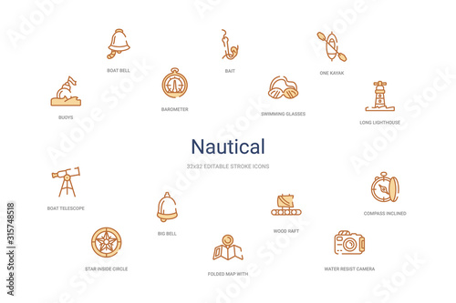 nautical concept 14 colorful outline icons. 2 color blue stroke icons