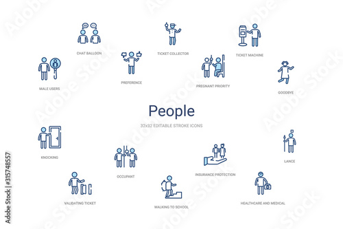 people concept 14 colorful outline icons. 2 color blue stroke icons