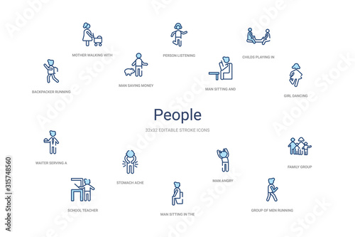 people concept 14 colorful outline icons. 2 color blue stroke icons