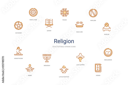 religion concept 14 colorful outline icons. 2 color blue stroke icons