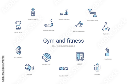 gym and fitness concept 14 colorful outline icons. 2 color blue stroke icons