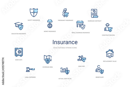 insurance concept 14 colorful outline icons. 2 color blue stroke icons