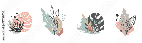 Hand drawn vector abstract tropical leaves background isolated on white. Vector