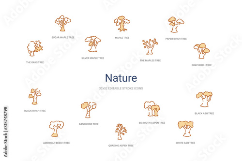 nature concept 14 colorful outline icons. 2 color blue stroke icons