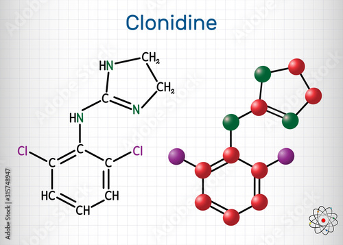 Clonidine molecule. It is useful for the treatment of hypertension, severe pain, and ADHD. Sheet of paper in a cage. Structural chemical formula and molecule model
