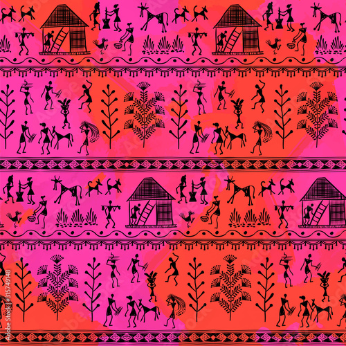 Warli Art painting seamless pattern - hand drawn traditional the ancient tribal art India. Pictorial language is matched by a rudimentary technique depicting rural life of the inhabitants of India