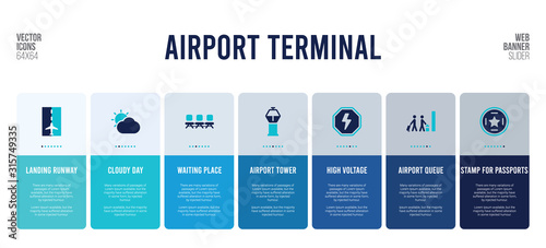 web banner design with airport terminal concept elements.