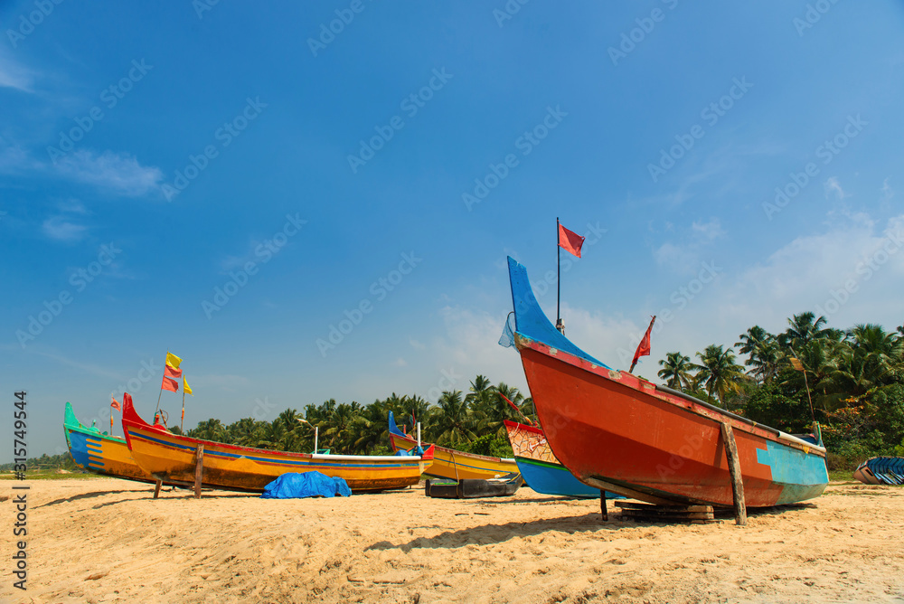 Fishing boats on the Varkala beach in south india