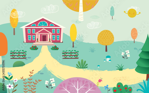 Illustration of empty yard and school. Road to the School. Summer kids landscape with the trees, flowers, mushrooms and plants.