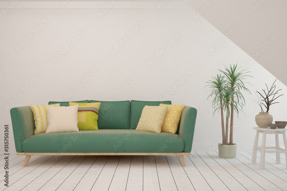 Obraz premium Stylish room in white color with sofa. Scandinavian interior design. 3D illustration