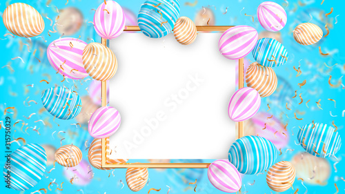 Happy easter template with gold ribbon, frame and colored eggs, gradient blue background and gold confetti.