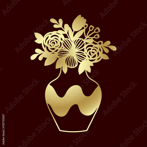 Openwork golden bouquet of wildflowers in vase. Template for laser cutting, engraving or plotter.