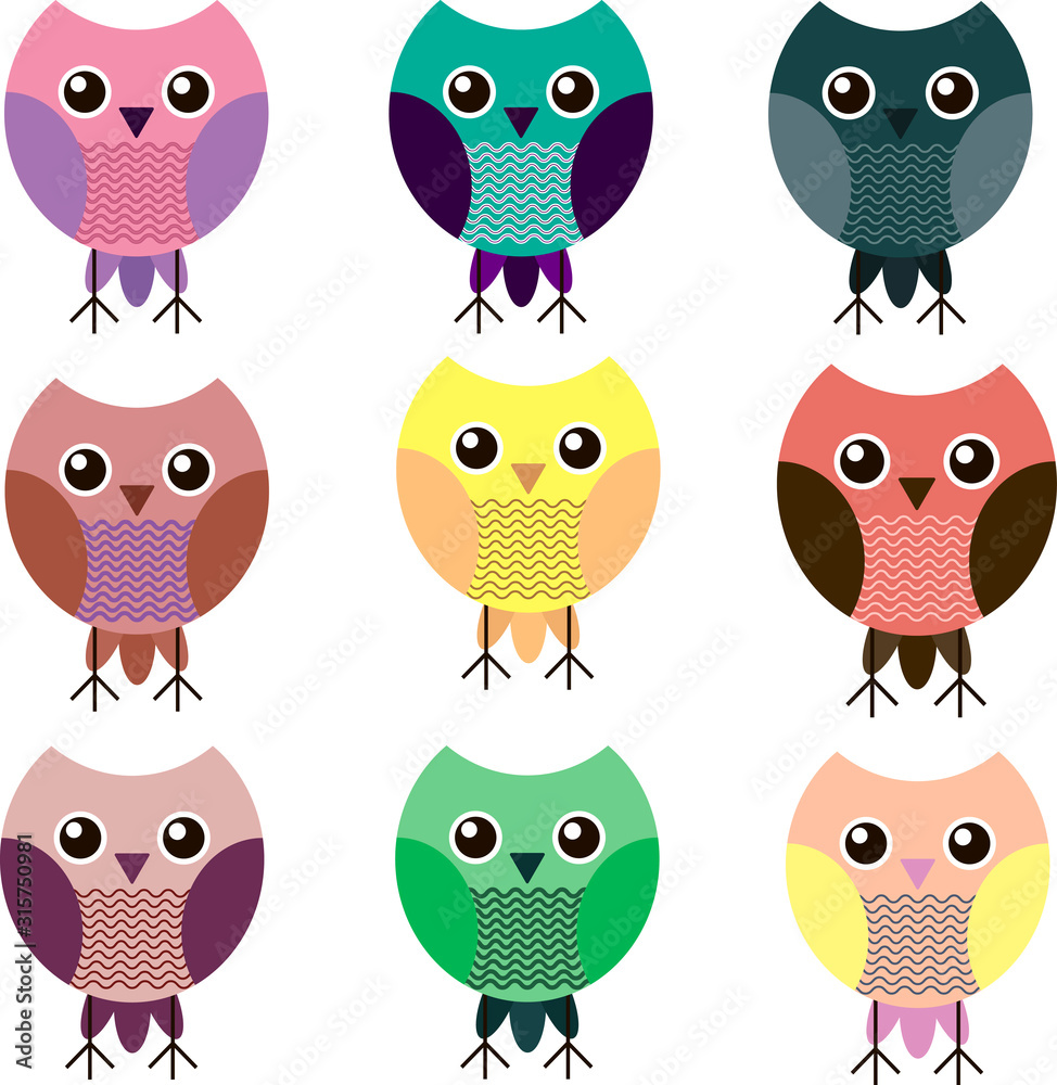 Nine brightly colored owls in identical poses. Icons. Vector illustration Nine brightly colored owls in identical poses. Icons. Vector illustration