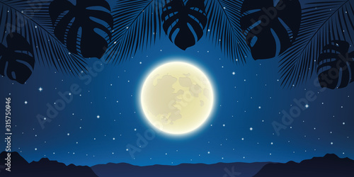 romantic night background with full moon and palm tree leaves vector illustration EPS10