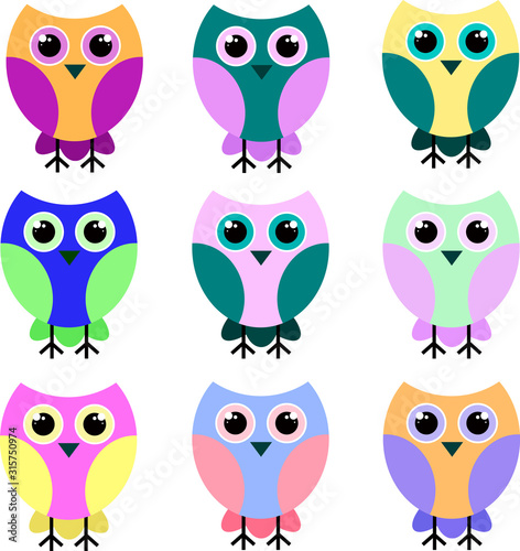 Wallpaper Mural Nine brightly colored owls in identical poses. Icons. Vector illustration Torontodigital.ca
