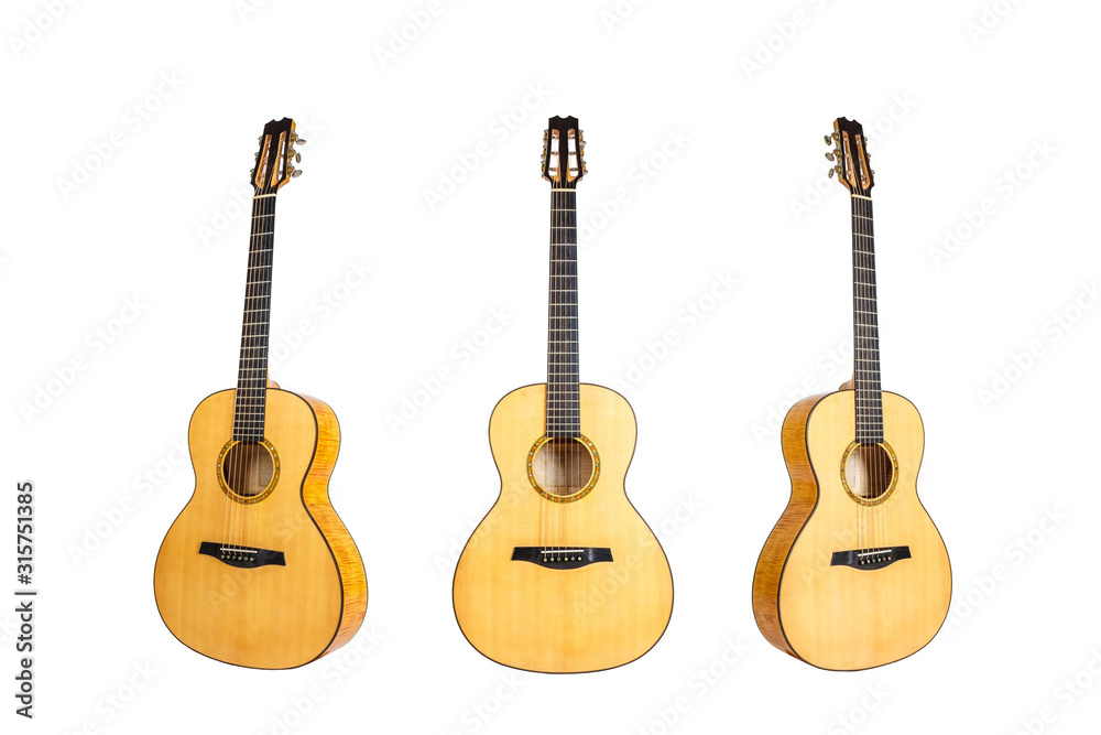 Obraz premium set of six strings acoustic wooden guitars isolated on white background. guitar shape