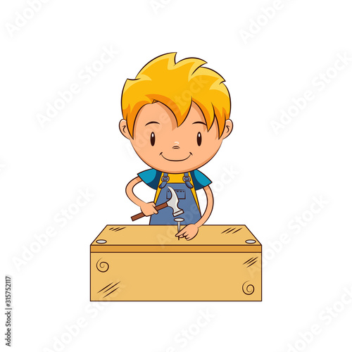 Cute kid carpenter hammering nail