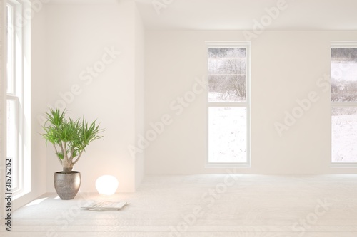 Mock up of empty room in white color with winter landscape in window. Scandinavian interior design. 3D illustration