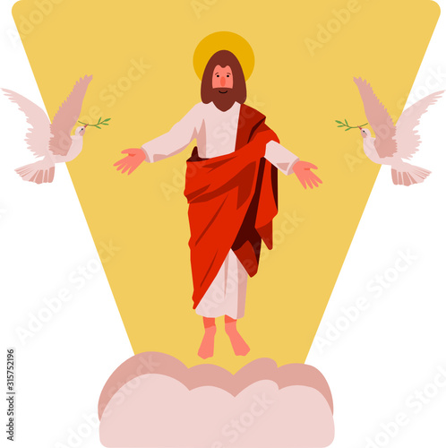 Cute vector illustration of Jesus Christ Resurrection and Ascension to Heaven. Son of God with clouds, sunlight and Holy Spirit doves. For biblical Easter decorations and family with children