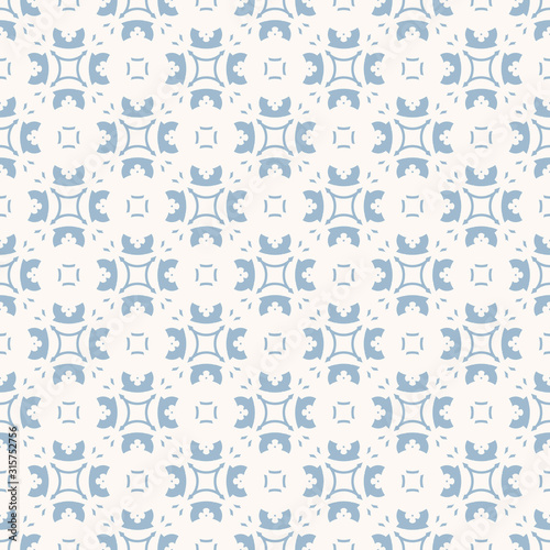 Vector abstract floral geometric ornament. Seamless pattern in soft blue and white colors. Elegant vintage ornamental texture with flower shapes, carved elements. Repeat background. Oriental style 