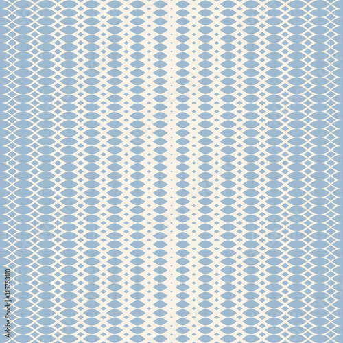 Vector halftone mesh seamless pattern. Blue and beige texture of lace, weave, tissue, lattice, grid. Gradient transition effect. Abstract geometric background. Trendy repeat design for decor, prints