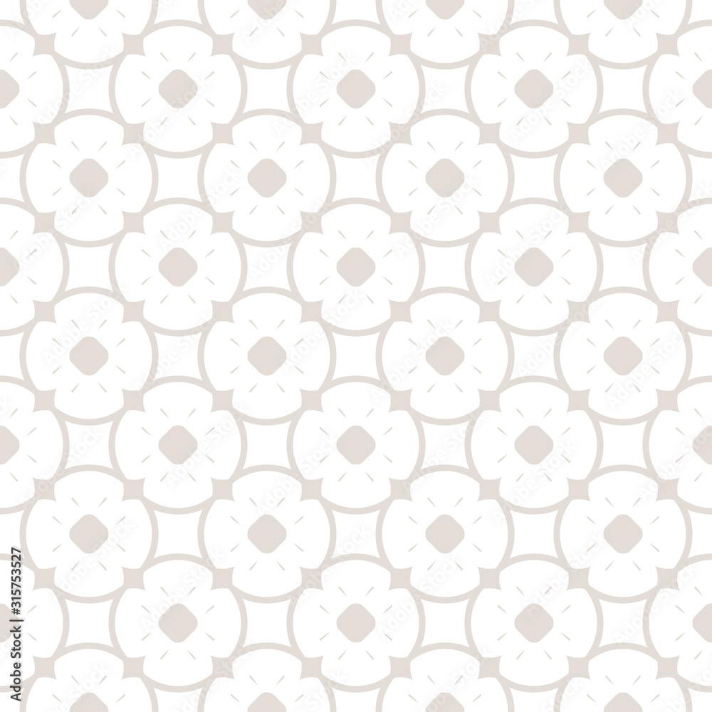Subtle vector floral seamless pattern. Elegant geometric background with flower shapes, rounded grid, lattice, circles, repeat tiles. Abstract ornamental texture in pastel colors, white and beige