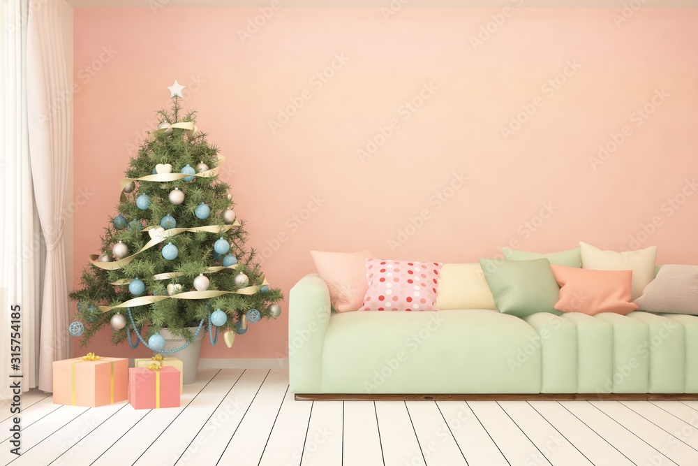 Winter new year interior of living room with sofa. Scandinavian design. 3D illustration Winter new year interior of living room with sofa. Scandinavian design. 3D illustration
