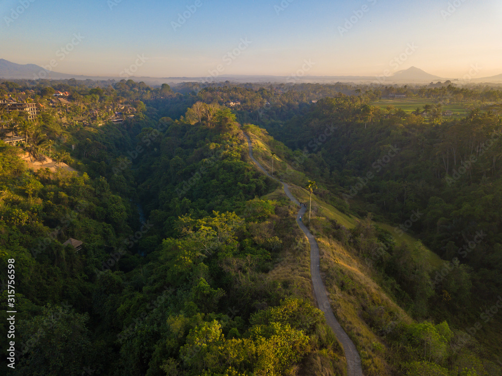 Aerial view of Campuhan Ridge Walk, Quiet morning scenic Green Hill in Ubud Bali, Indonesia