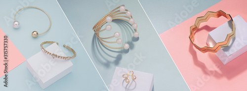 Photographie Photo collage of Different golden bracelets on pink and blue background