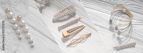 Photo collage of Golden pearl girl accessories on wooden white background
