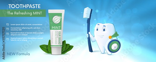 Smiling superhero tooth is holding the shield and toothbrush and looking at the tube of mint toothpaste and mint leafs. Vector illustration