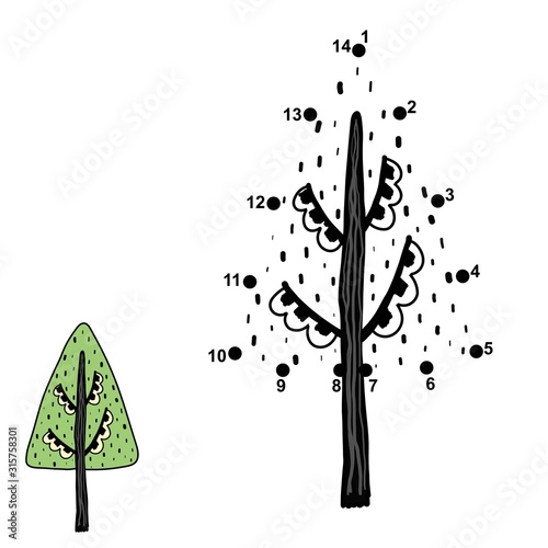 Connect the dots and draw a tree. Numbers game for kids