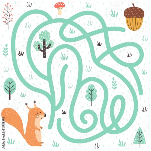 Help the squirrel find the way to the nut. Forest labyrinth for kids photo