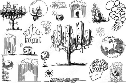 many hand drawn sketches of topics regarding nature and environment and ecology and energy and planet earth and carbon footprint