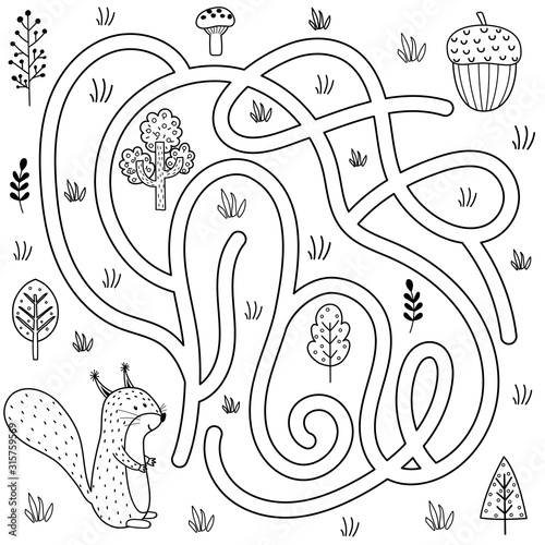 Black and white labyrinth game for kids. Help the squirrel find the way to the nut