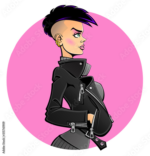 Sexy punk girl. Young woman in a black leather jacket. Profile view. Avatar, emblem. Comic book style.