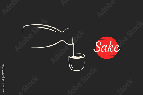 Sake logo. Bottle and sake cup pour on black
