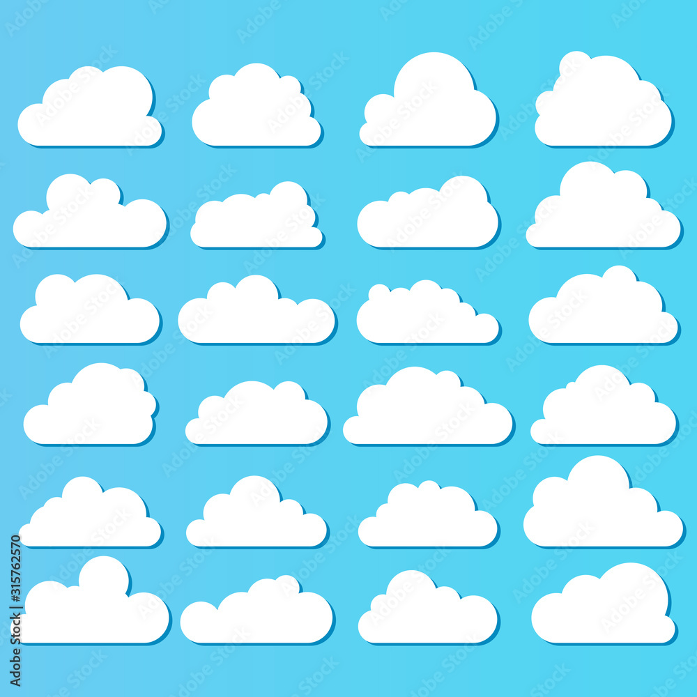 Clouds. White clouds in cartoon style of various shapes on a blue background. Vector.