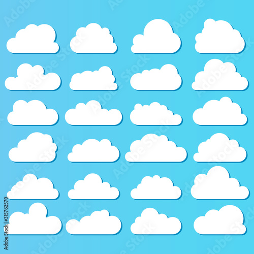 Clouds. White clouds in cartoon style of various shapes on a blue background. Vector.