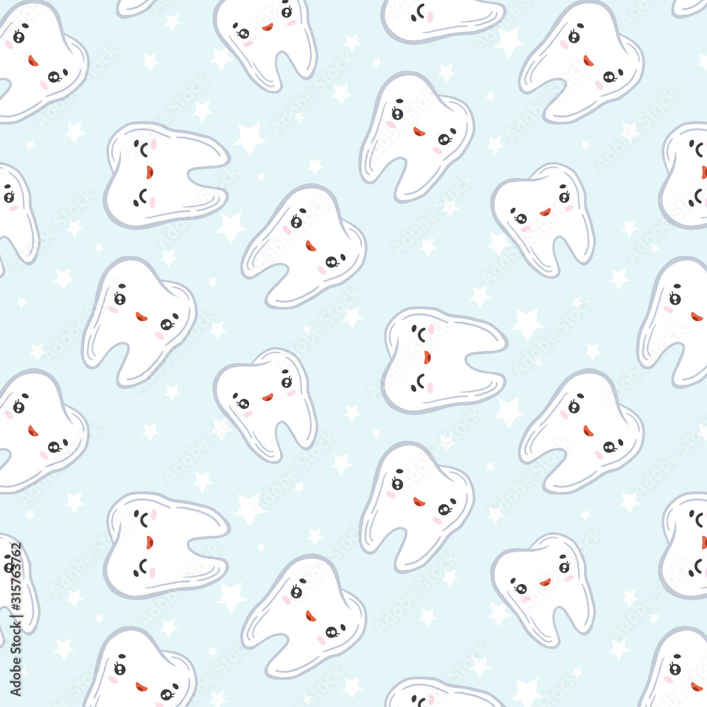 Children's background with teeth. Vector ornament with teeth characters. Kawaii characters. Cartoon drawing style. Children's background with teeth. Vector ornament with teeth characters. Kawaii characters. Cartoon drawing style.